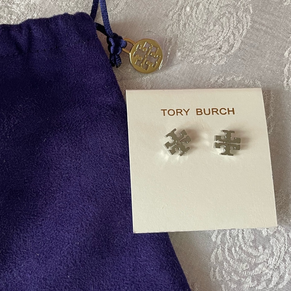 Tory Burch Logo Silver Kira Stud Earrings